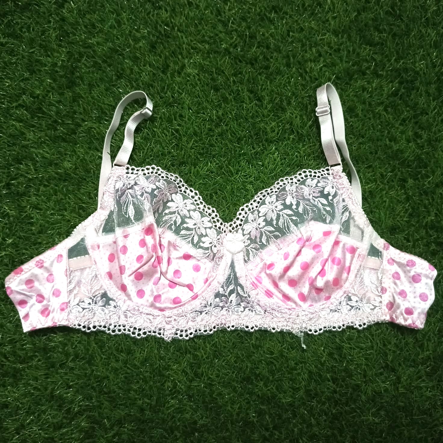 Half Net Dotted Bra Panty Set - Pink
