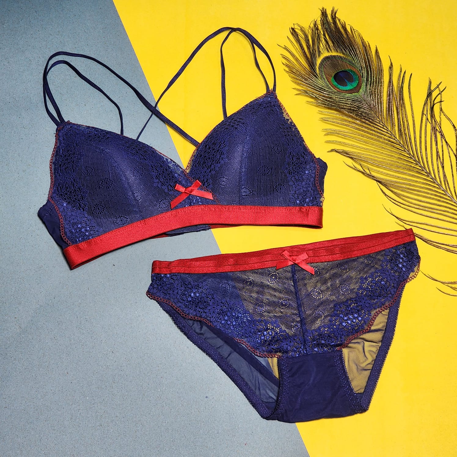 Ribbon Style Padded Bra Panty Set - Blue