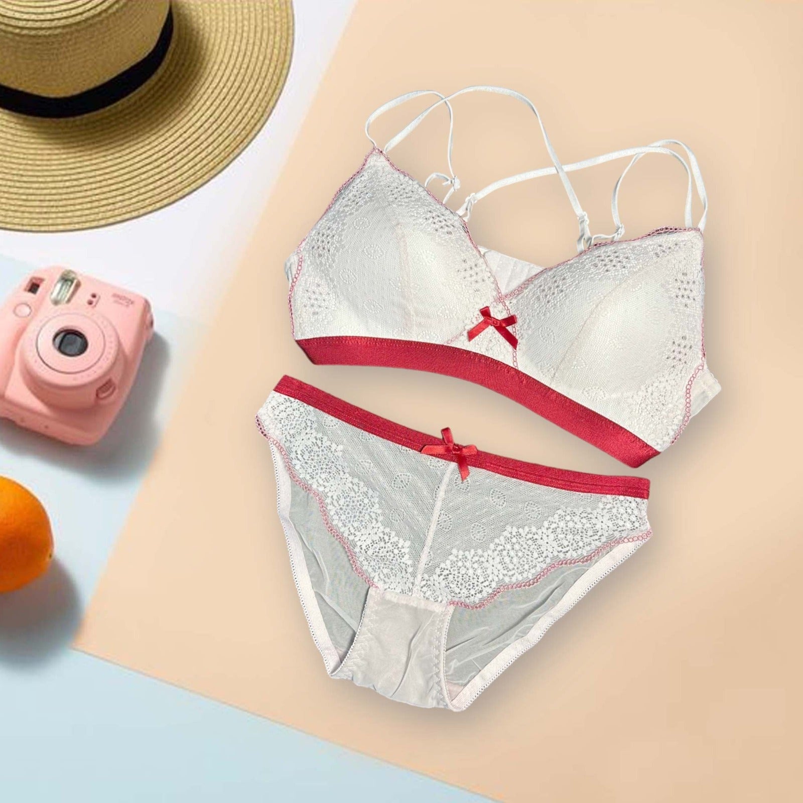 Ribbon Style Padded Bra Panty Set - White