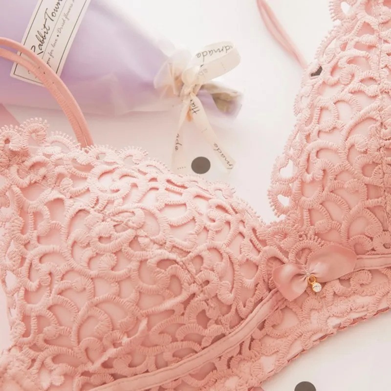 Fancy Front Embroidery Bra Panty Set - Pink
