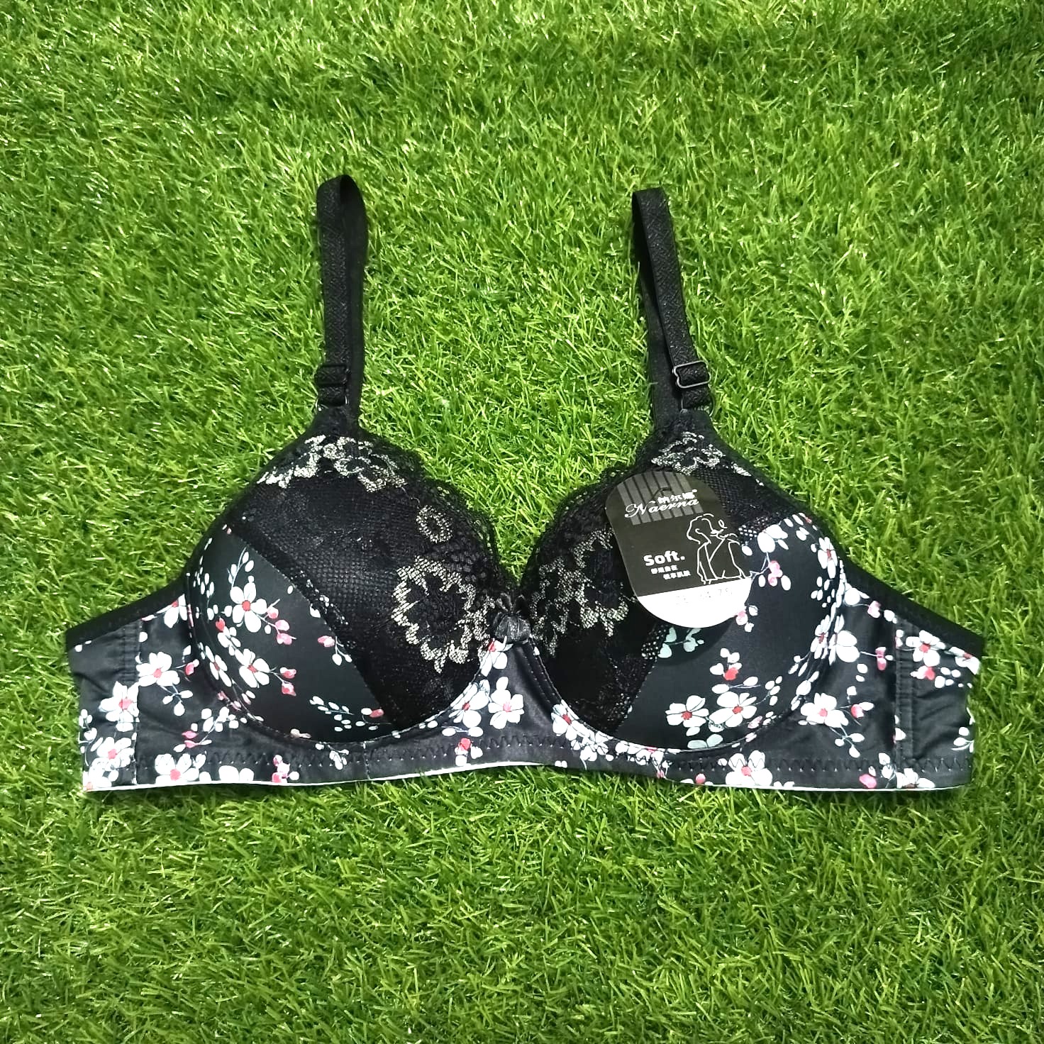 Flower Padded Bra - Black