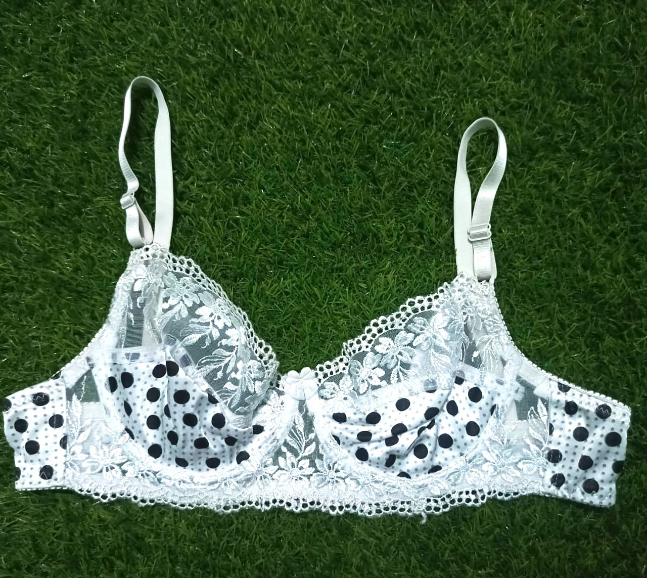 Half Net Dotted Bra Panty Set - White
