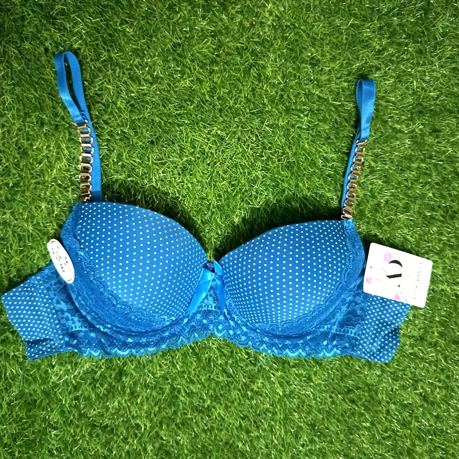 Chain Strips Dotted Printed Bra Panty Set - Blue
