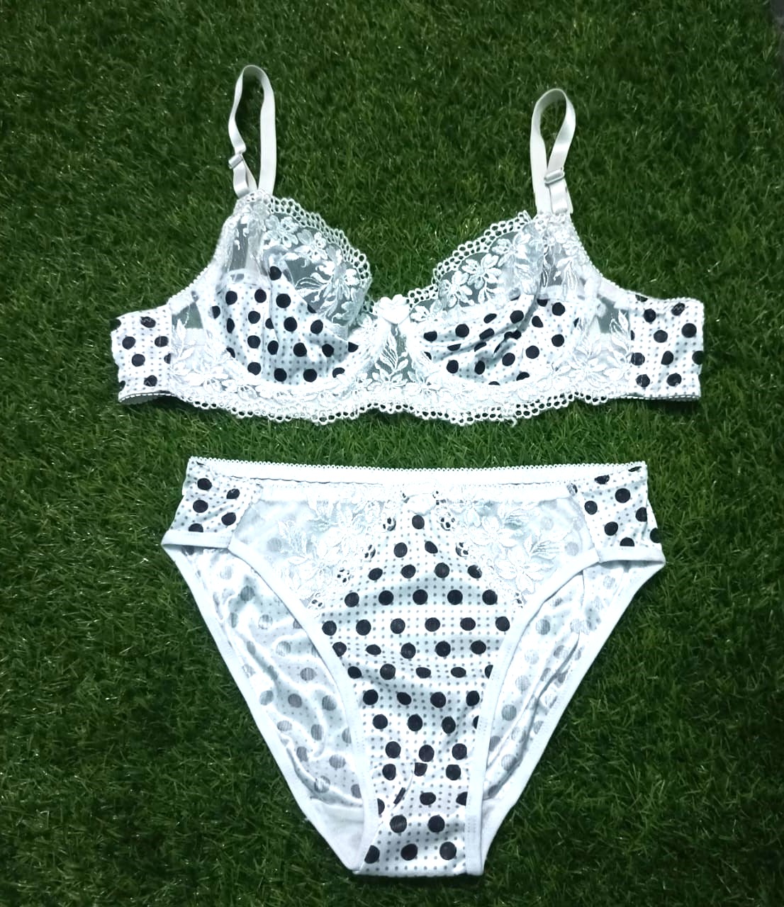 Half Net Dotted Bra Panty Set - White