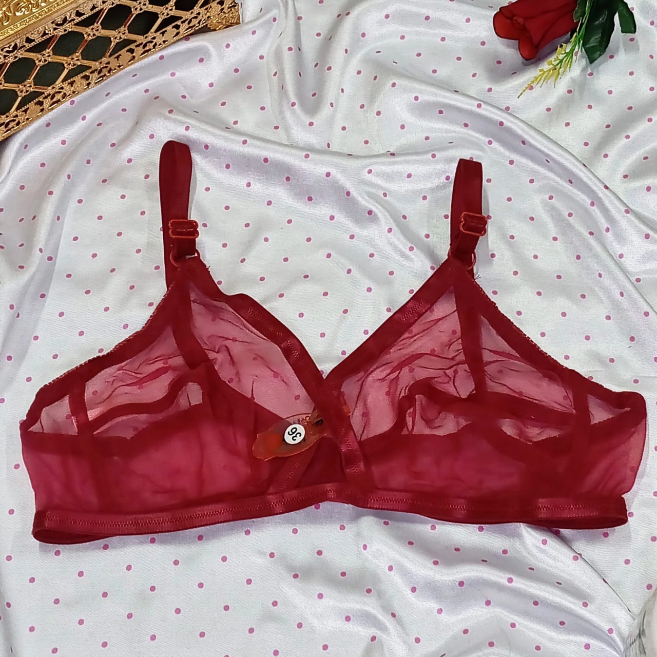 Transparent Net Non Padded Bra - Red