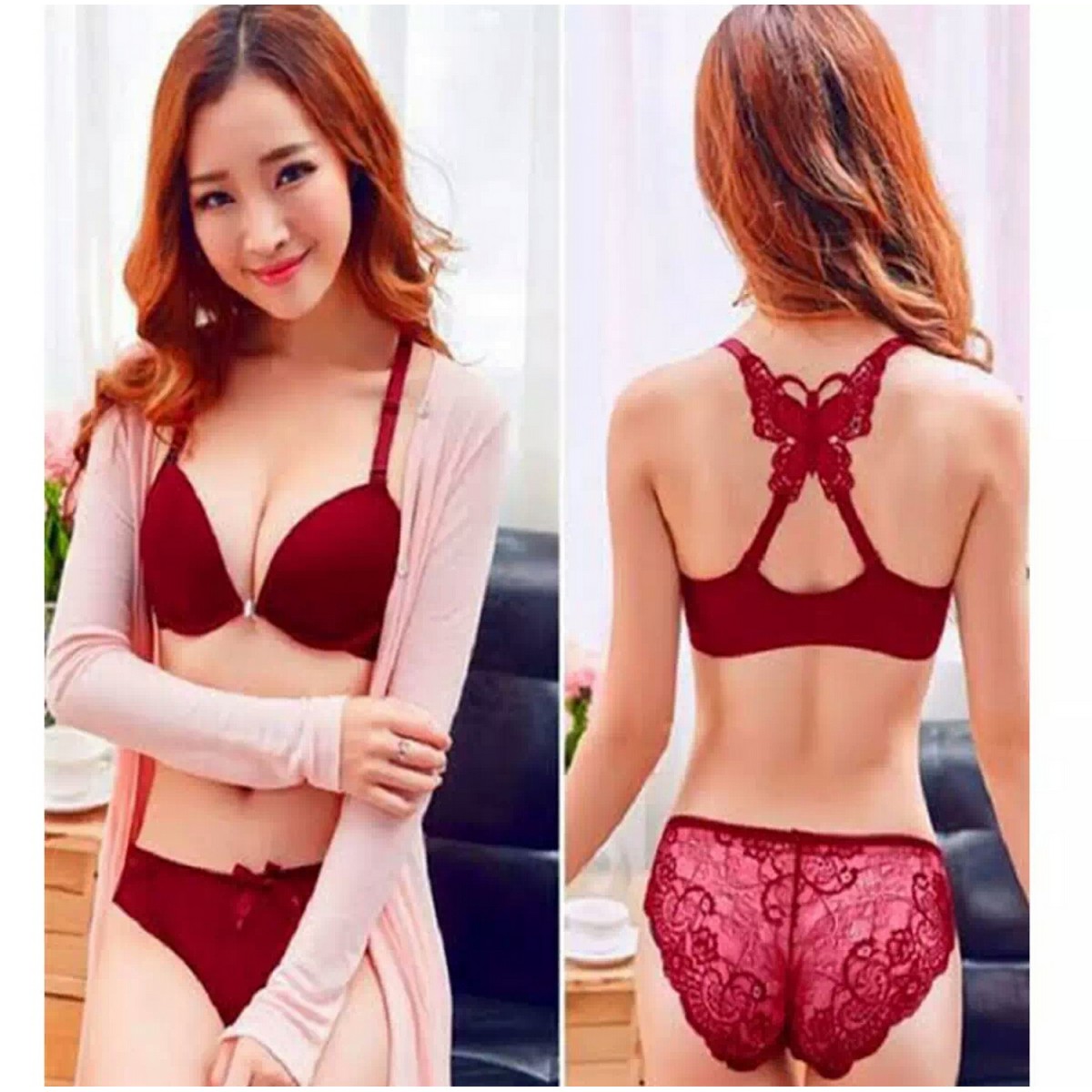Back Butterfly Bra panty Set - Maroon