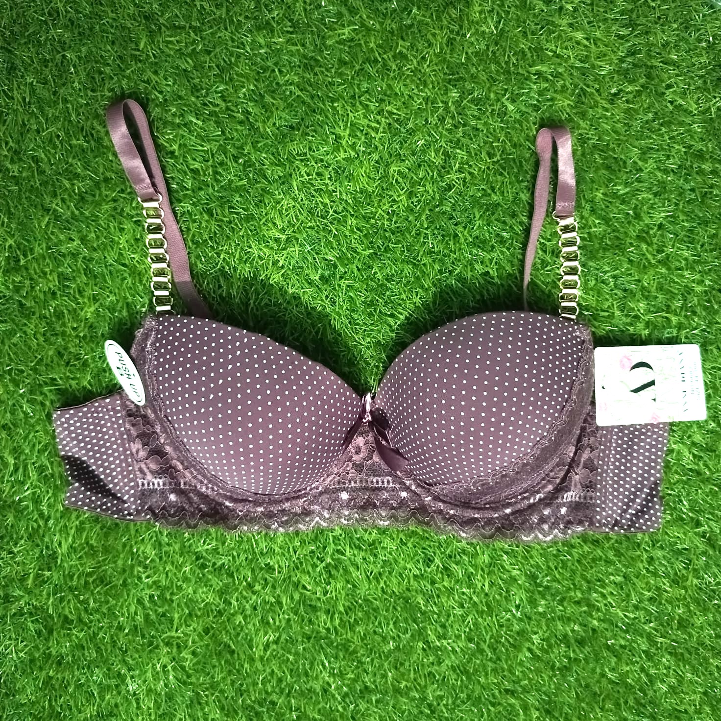 Chain Strips Dotted Printed Bra Panty Set - Maroon