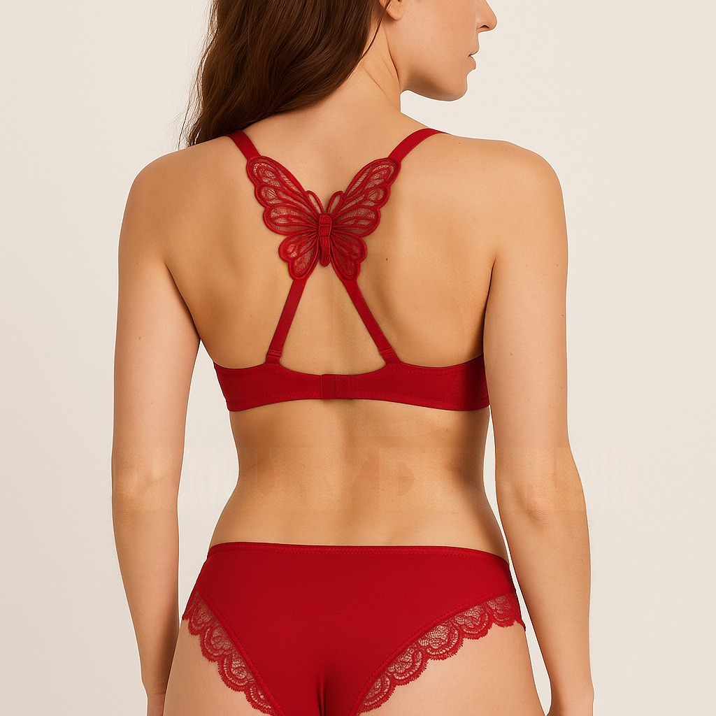 Back Butterfly Bra panty Set - Red