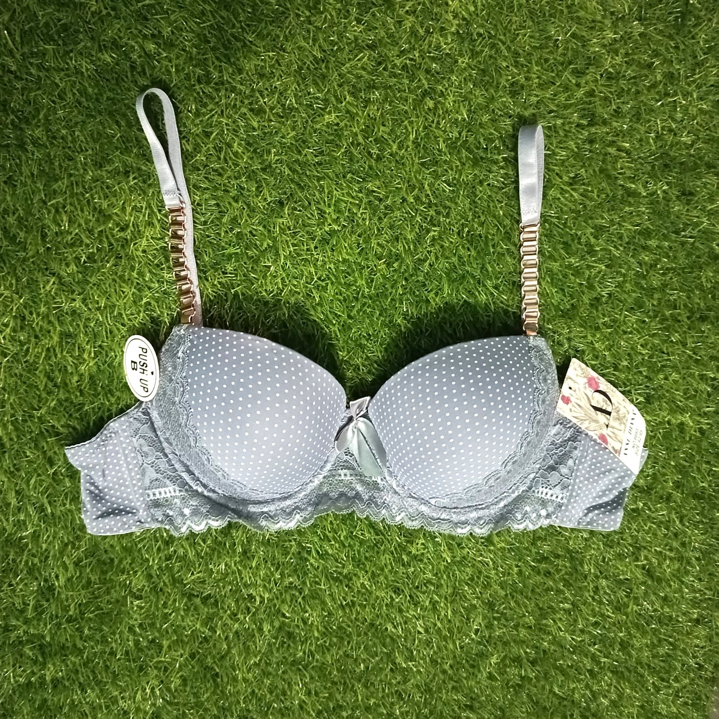 Chain Strips Dotted Printed Bra Panty Set - Grey